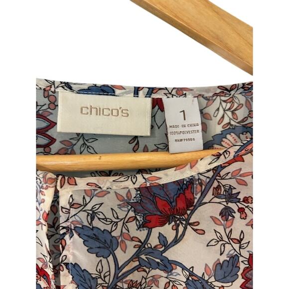 CHICO'S Cream Chinoiserie Pattern Keyhole Sheer Blouse 3/4 Sleeves Size 1, Small - Picture 5 of 9